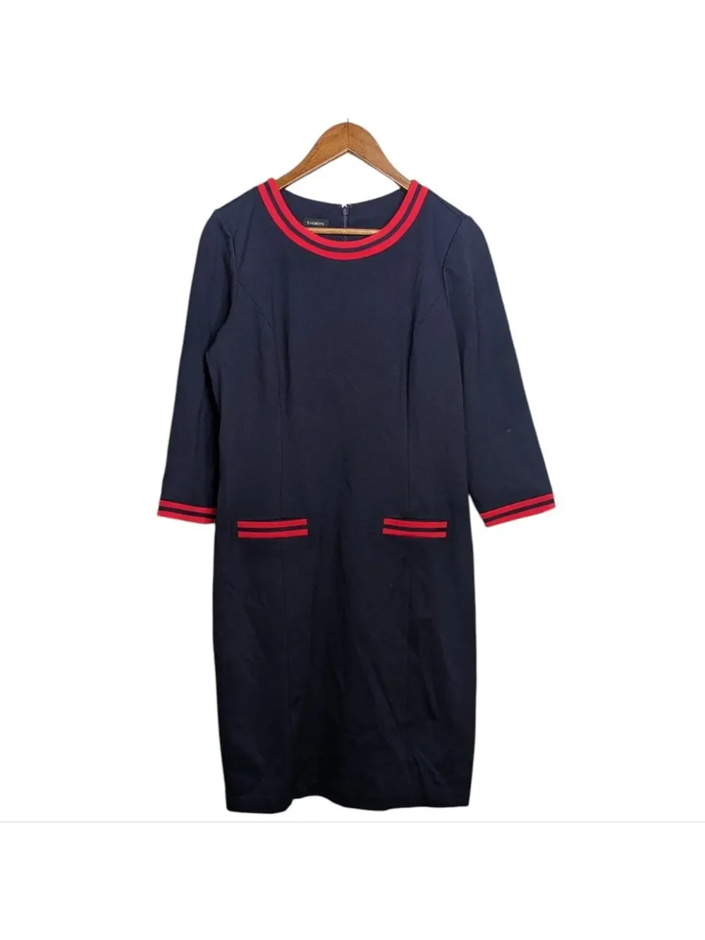Talbots Career Shift Midi Dress 10 Navy Blue Red Trim Modest Ponte Knit Office - Picture 1 of 9